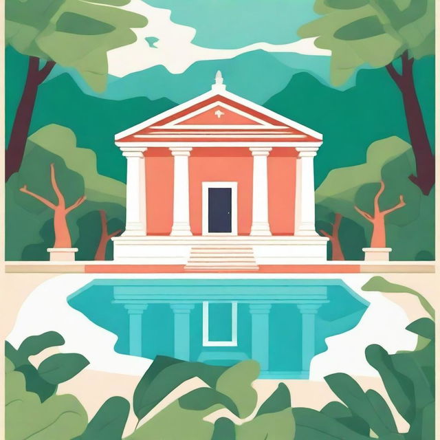 Create a vibrant poster for lit yoga, featuring a traditional Greek-style temple surrounded by lush greenery