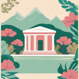 Create a vibrant poster for lit yoga, featuring a traditional Greek-style temple surrounded by lush greenery