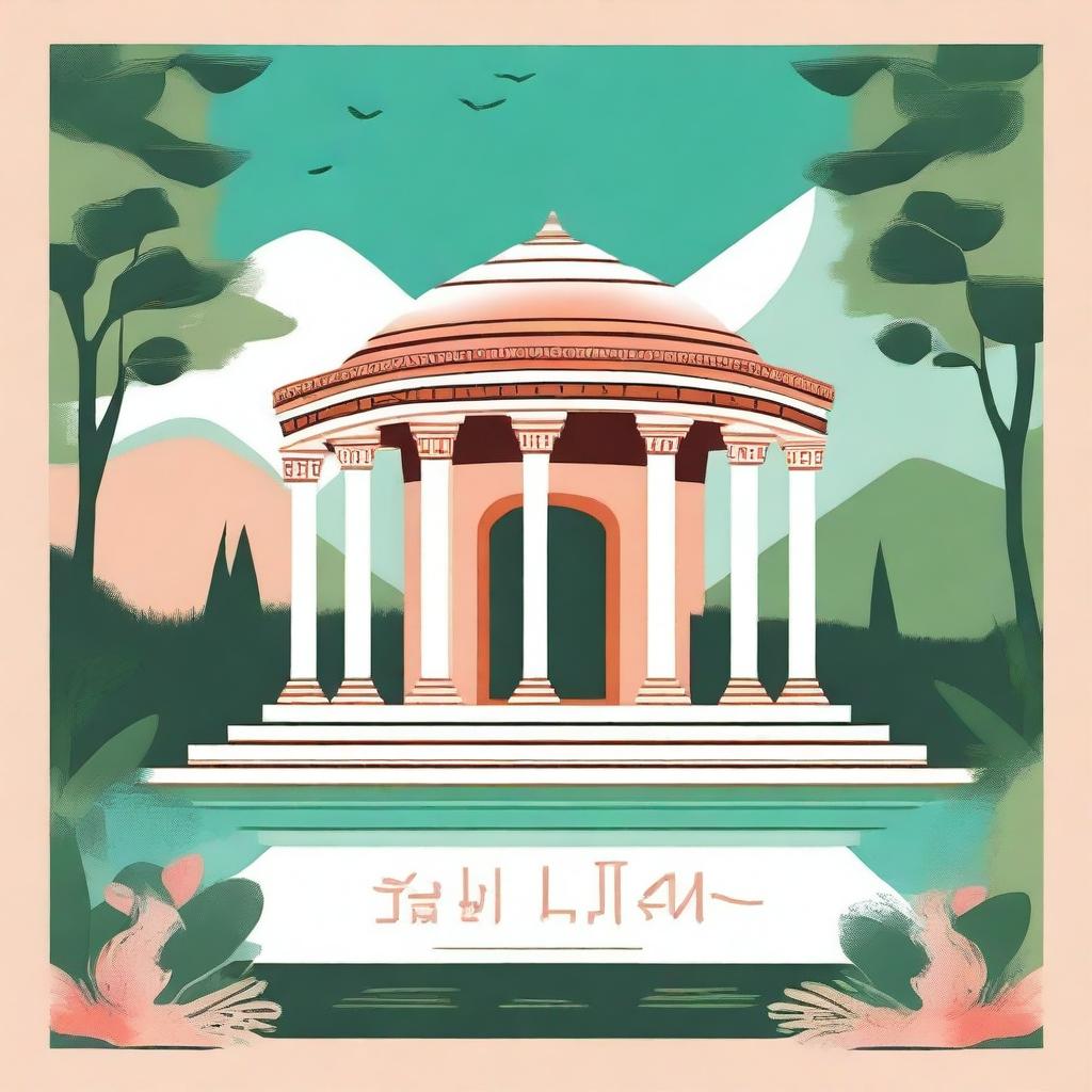 Create a vibrant poster for lit yoga, featuring a traditional Greek-style temple surrounded by lush greenery