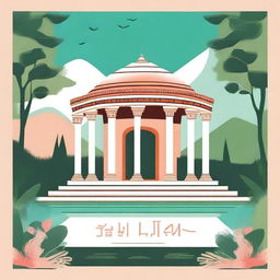 Create a vibrant poster for lit yoga, featuring a traditional Greek-style temple surrounded by lush greenery