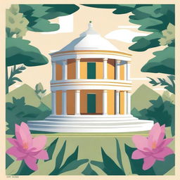 Create a vibrant poster for lit yoga, featuring a traditional Greek-style temple surrounded by lush greenery