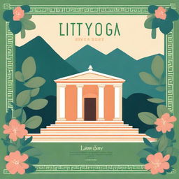 Create a vibrant poster for lit yoga, featuring a traditional Greek-style temple surrounded by lush greenery