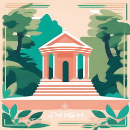 Create a vibrant poster for lit yoga, featuring a traditional Greek-style temple surrounded by lush greenery