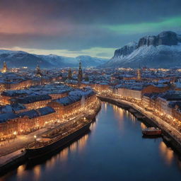 A stunning portrayal of Norway infused with a steampunk aesthetic, encompassing Oslo's skyline boasting copper-clad architectures, fjords inhabited by steam-engine ships, and aurora-lit skies dotted with antique airships.