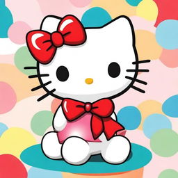 Create an image featuring Hello Kitty, the iconic character with a red bow and a white cat face, in a cute and colorful setting