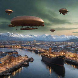 A stunning portrayal of Norway infused with a steampunk aesthetic, encompassing Oslo's skyline boasting copper-clad architectures, fjords inhabited by steam-engine ships, and aurora-lit skies dotted with antique airships.