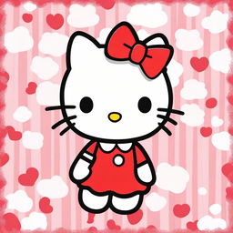 Create an image featuring Hello Kitty, the iconic character with a red bow and a white cat face, in a cute and colorful setting