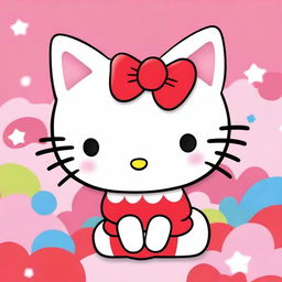 Create an image featuring Hello Kitty, the iconic character with a red bow and a white cat face, in a cute and colorful setting