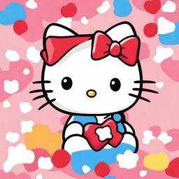 Create an image featuring Hello Kitty, the iconic character with a red bow and a white cat face, in a cute and colorful setting