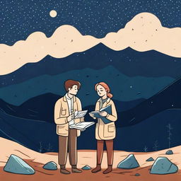 A writer and a lady geologist standing together under a starry night sky