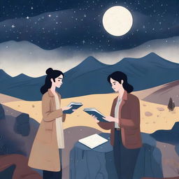 A writer and a lady geologist standing together under a starry night sky