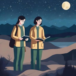 A writer and a lady geologist standing together under a starry night sky