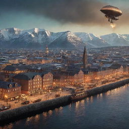 A stunning portrayal of Norway infused with a steampunk aesthetic, encompassing Oslo's skyline boasting copper-clad architectures, fjords inhabited by steam-engine ships, and aurora-lit skies dotted with antique airships.