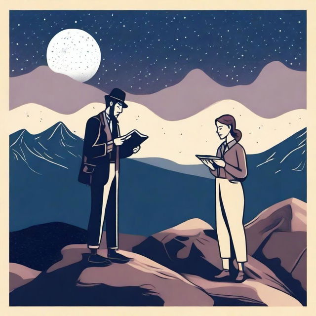 A writer and a lady geologist standing together under a starry night sky