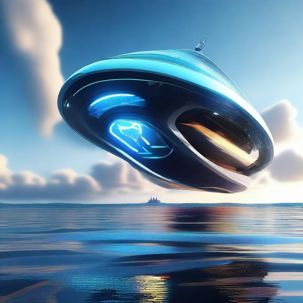 A futuristic ship navigating through a high-tech ocean with advanced technology visible on the ship