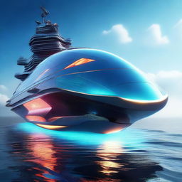 A futuristic ship navigating through a high-tech ocean with advanced technology visible on the ship