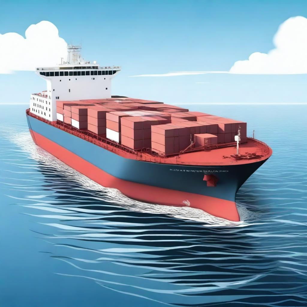 A detailed illustration of a large cargo ship sailing smoothly on the ocean under clear skies