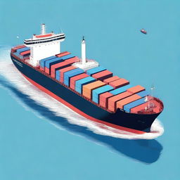 A detailed illustration of a large cargo ship sailing smoothly on the ocean under clear skies