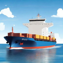 A detailed illustration of a large cargo ship sailing smoothly on the ocean under clear skies