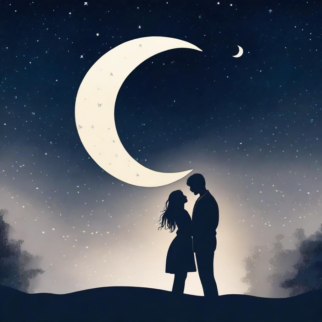 Two lovers under a starry night sky, holding each other close with a backdrop of twinkling stars and a crescent moon