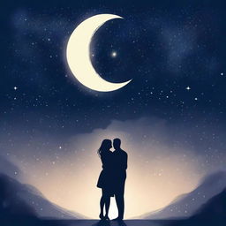 Two lovers under a starry night sky, holding each other close with a backdrop of twinkling stars and a crescent moon