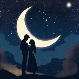 Two lovers under a starry night sky, holding each other close with a backdrop of twinkling stars and a crescent moon