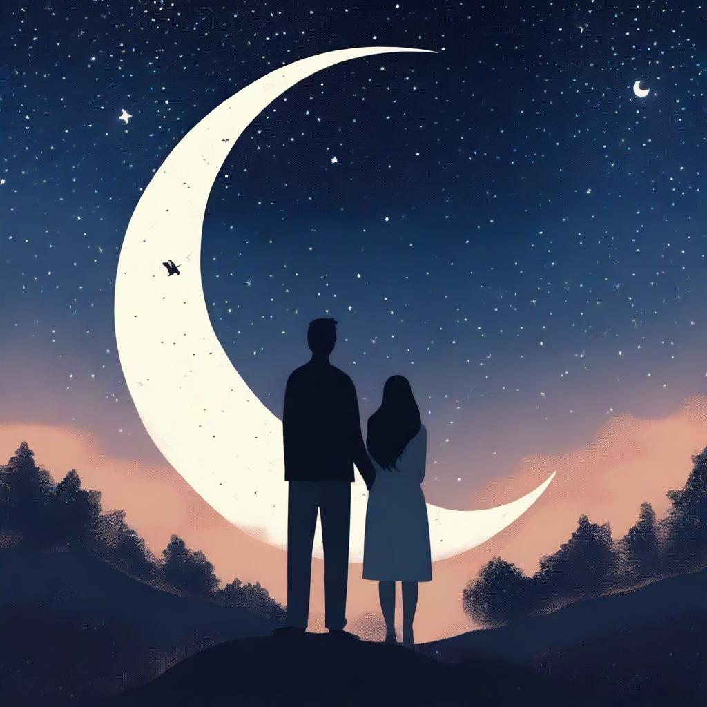 Two lovers under a starry night sky, holding each other close with a backdrop of twinkling stars and a crescent moon