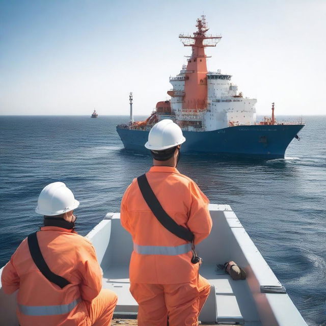 A large ship is performing a safety operation at sea