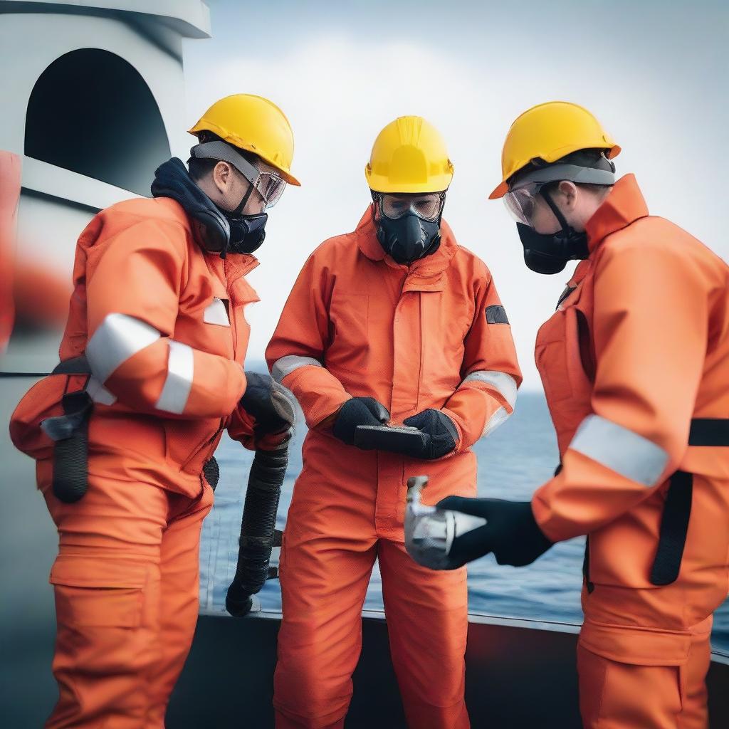 A detailed image of a modern ship performing a technical safety operation at sea