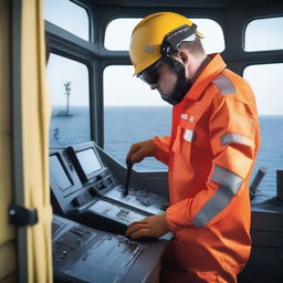 A detailed image of a modern ship performing a technical safety operation at sea