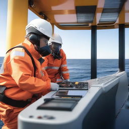 A detailed image of a modern ship performing a technical safety operation at sea