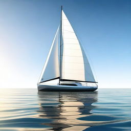 A futuristic sailboat gliding smoothly across a calm ocean, with a clear sky and a bright sun