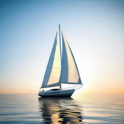 A futuristic sailboat gliding smoothly across a calm ocean, with a clear sky and a bright sun