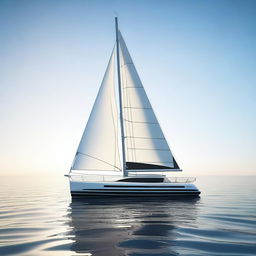 A futuristic sailboat gliding smoothly across a calm ocean, with a clear sky and a bright sun