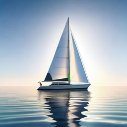 A futuristic sailboat gliding smoothly across a calm ocean, with a clear sky and a bright sun