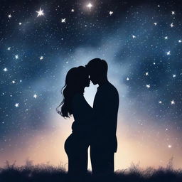 Two lovers under a starry night, embracing each other with the sky filled with twinkling stars