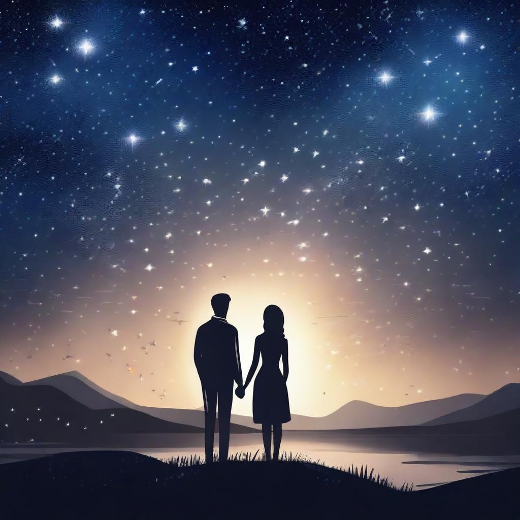 Two lovers under a starry night, embracing each other with the sky filled with twinkling stars