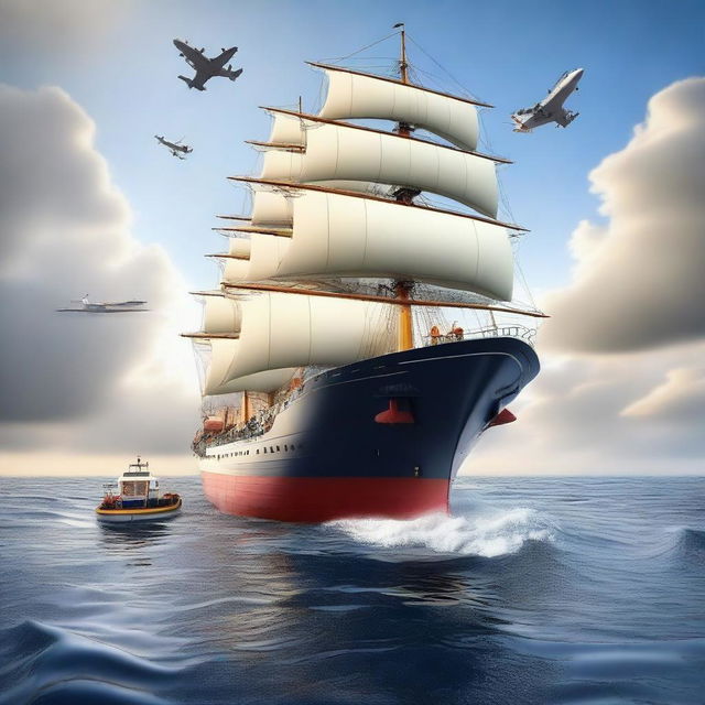 A realistic depiction of a ship sailing into the future, focusing on safety operations