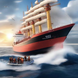 A realistic depiction of a ship sailing into the future, focusing on safety operations