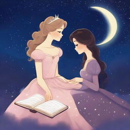 A princess and a writer sitting together under a starry night sky