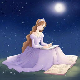 A princess and a writer sitting together under a starry night sky