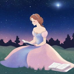 A princess and a writer sitting together under a starry night sky