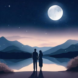 A romantic scene under a starry night sky, featuring a couple holding hands and gazing at the stars