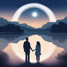 A romantic scene under a starry night sky, featuring a couple holding hands and gazing at the stars