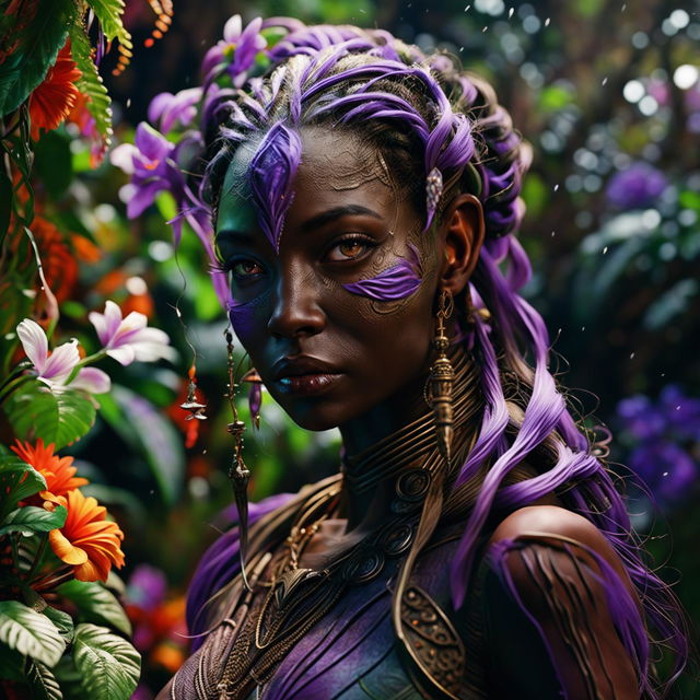 Hyper-realistic 3D image of an intense close-up of a different, more beautiful African elf woman with braids in a rococo outfit, standing in a vibrant, magical African jungle. Her face is intricately detailed, and the image is shot with immaculate composition and lighting.