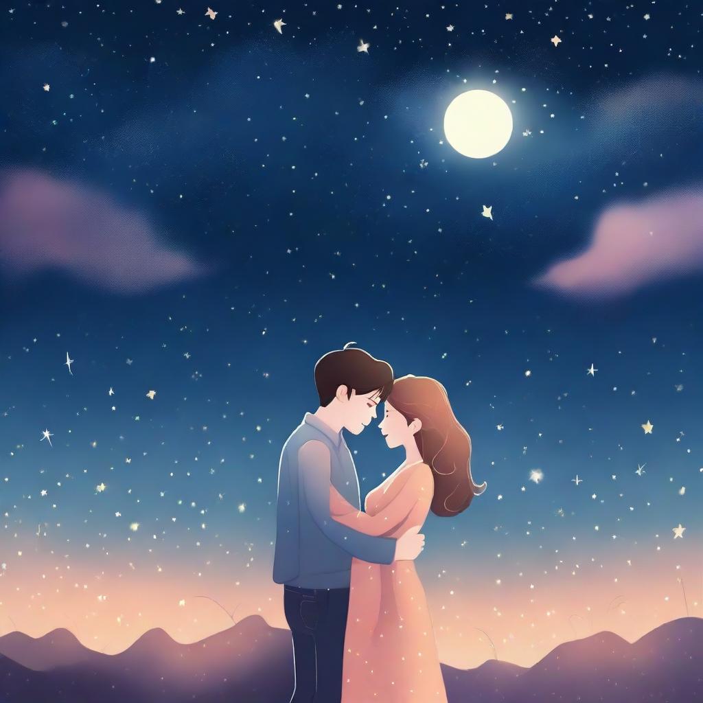 A romantic illustration set on a starry night, featuring a couple sharing a tender moment under a sky full of twinkling stars