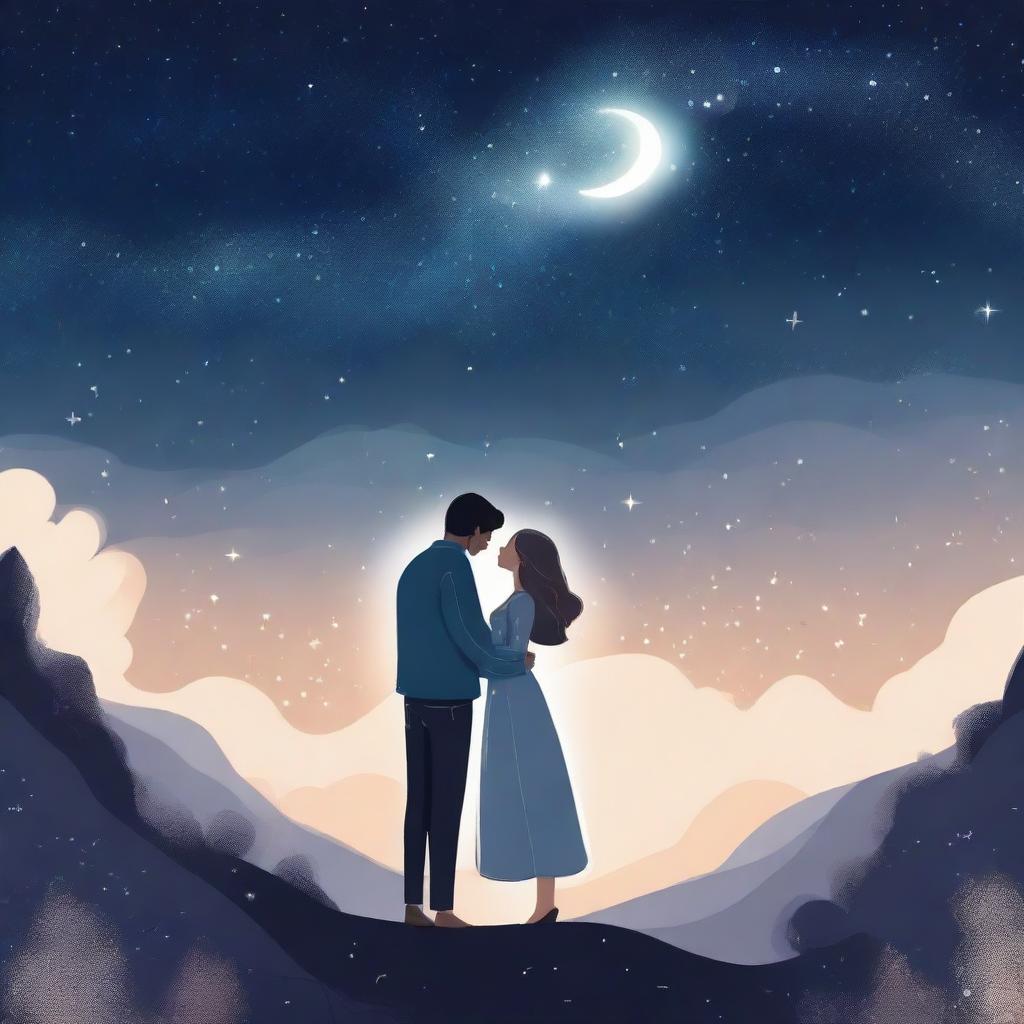 A romantic illustration set on a starry night, featuring a couple sharing a tender moment under a sky full of twinkling stars