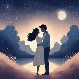 A romantic illustration set on a starry night, featuring a couple sharing a tender moment under a sky full of twinkling stars