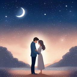 A romantic illustration set on a starry night, featuring a couple sharing a tender moment under a sky full of twinkling stars