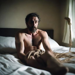 A man is tied up in bed with ropes